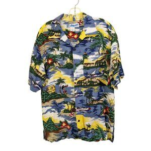 Vintage 90s Utility Hawaiian Shirt Mens Medium Beach Palm Tree Tropical Floral